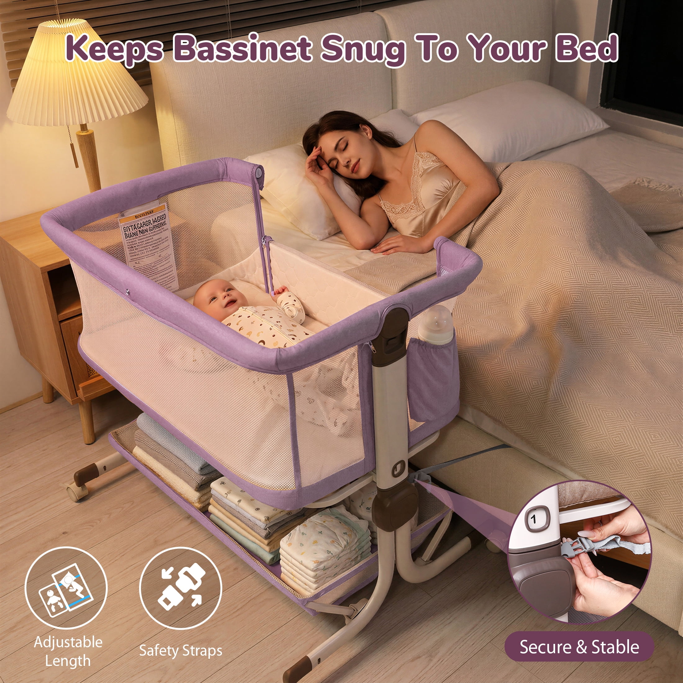 Minikid 3-in-1 Baby Bassinet Bedside Sleeper, 6 Height Adjustments, Full Mesh Breathable, Portable Newborn Baby Crib with Storage Basket, Pinkish Purple