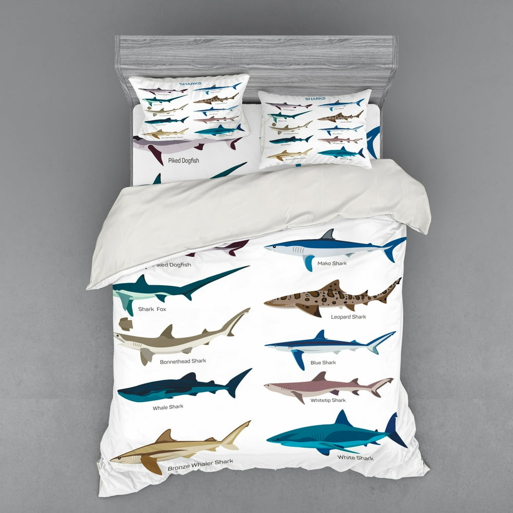 Shark Duvet Cover Set, Types of Sharks Pattern Whaler Piked Dogfish