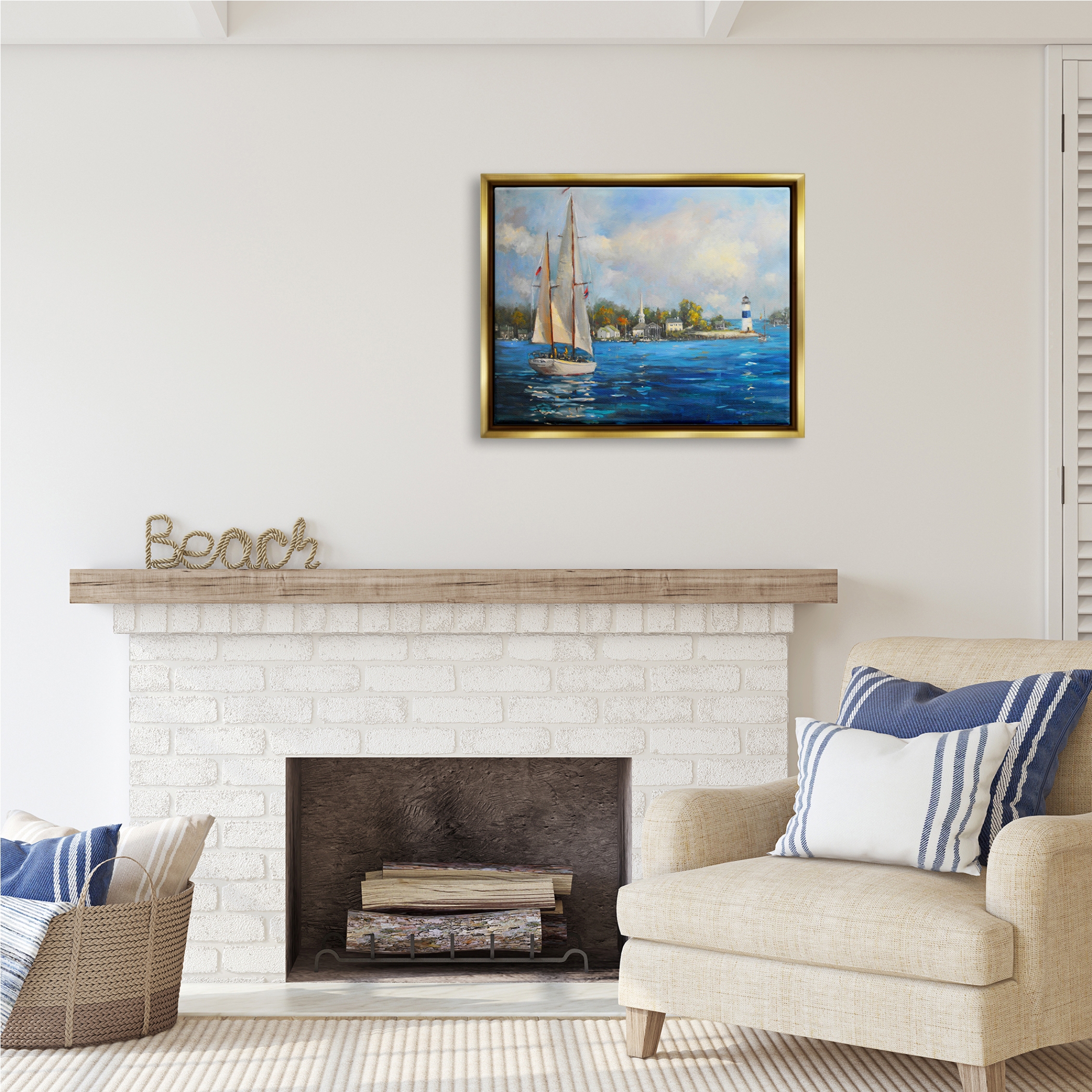Stupell Industries Sailboats Ocean Landscape Transportation Painting Gold Floater Framed Art Print Wall Art, 31 x 25