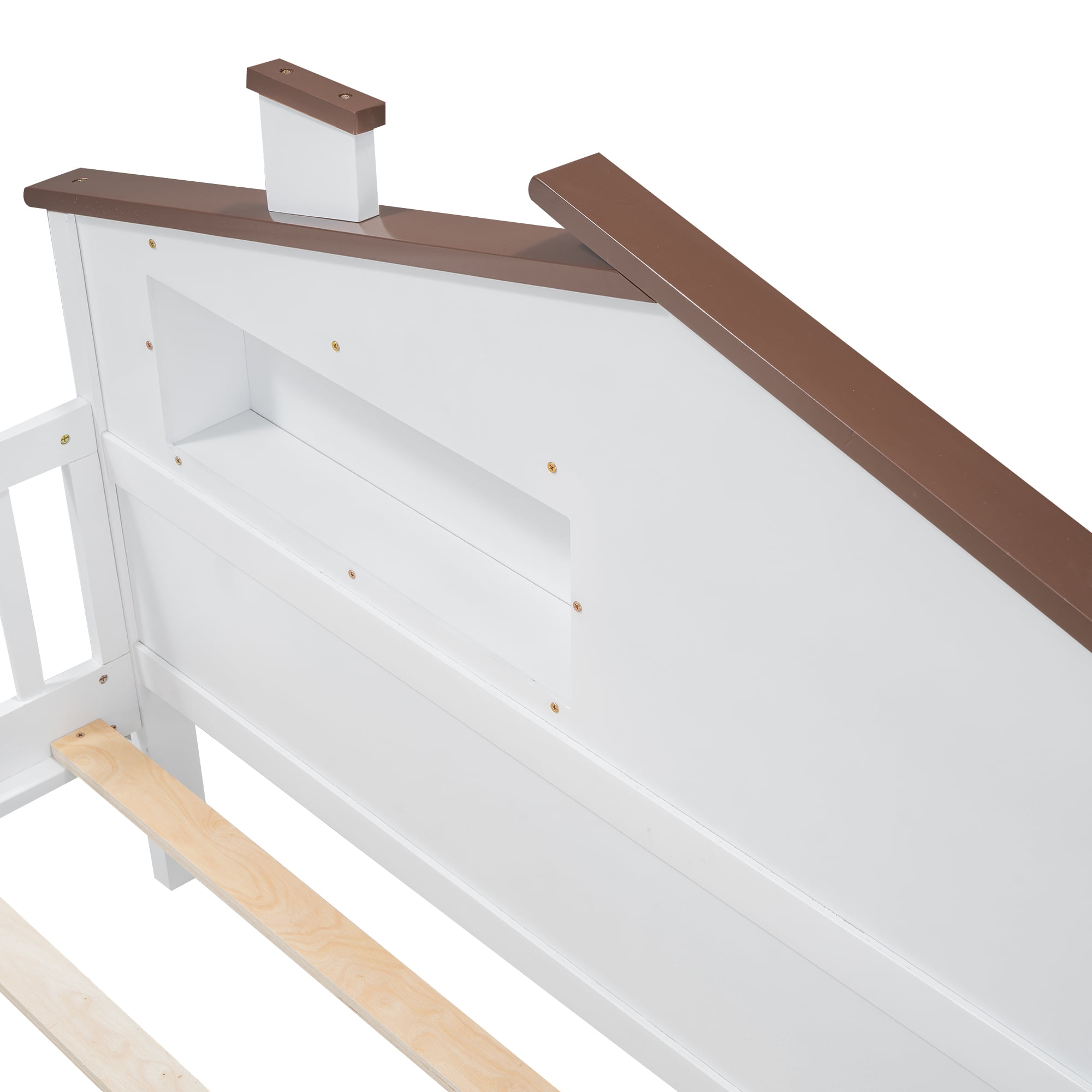 EUROCO Wood Full Size Platform Bed Frame with House Like Roof and LED Light, White