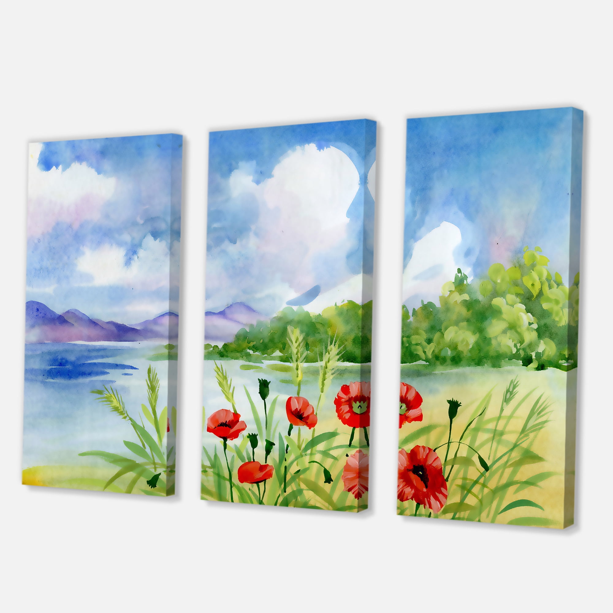 Designart ' Red Tulips On The Bank Near A River Mountain ' Lake House Canvas Wall Art Print