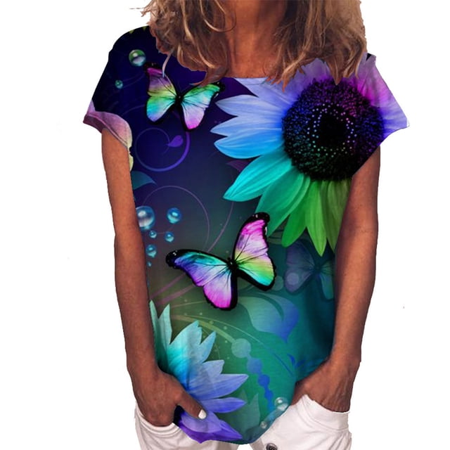 Blusa informal de manga corta con cuello redondo y estampado de verano a la moda para mujer Pompotops hfajkhk134873