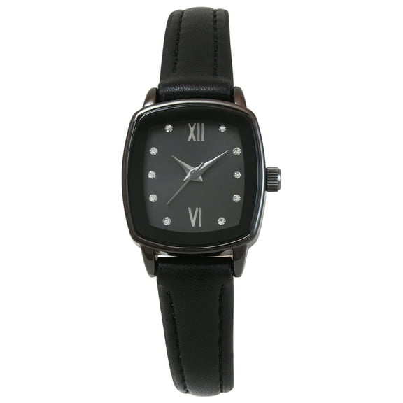 Time & Tru Ladies 23mm Gunmetal Tone Cushion Shape Mettalized Bezel Black Strap Watch