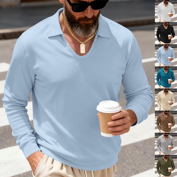 Fengqque Men's Solid Color Loose V Neck Polo Shirts Slim Fit Long Sleeve Golf T-Shirts Soft Casual pullover White XL(XL)