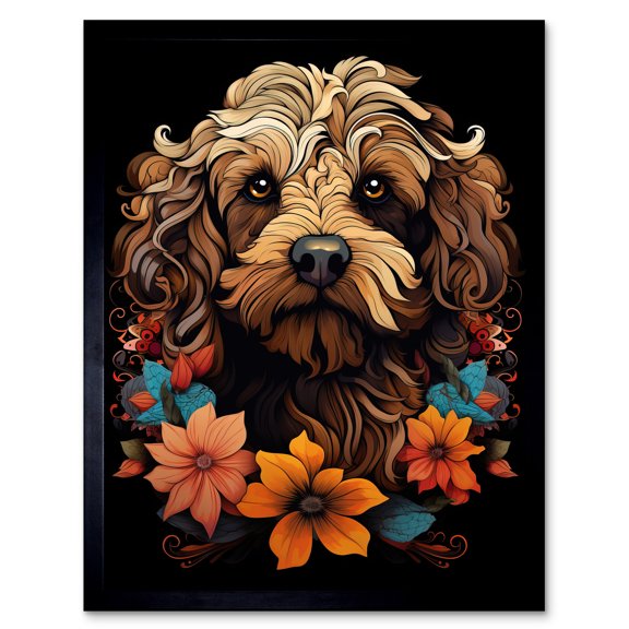 Cockapoo Dog with Flowers Artwork Orange Brown Blue Floral Art Nouveau Portrait on Black Art Print Framed Poster Wall Decor 12x16 inch