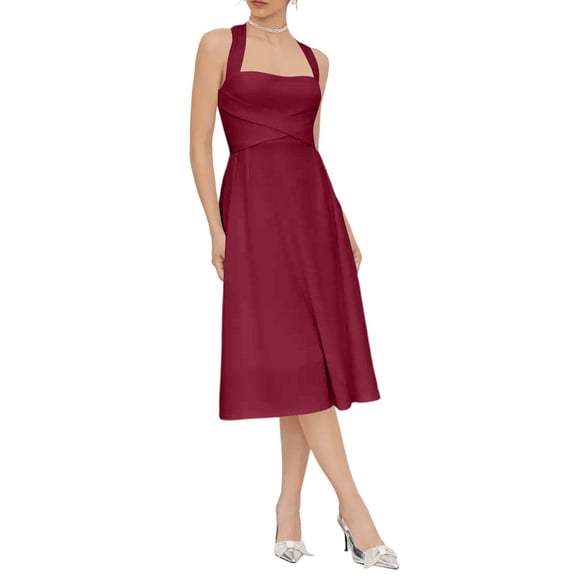 Summer Midi Dresses for Women Halter Sleeveless Square Neck Dresses Fitted Waist Causal Solid Dress, S