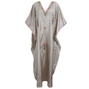 Mogul Womens Kaftan Boho Dresses Beige Kashmiri Embroidered Caftan Evening Dress