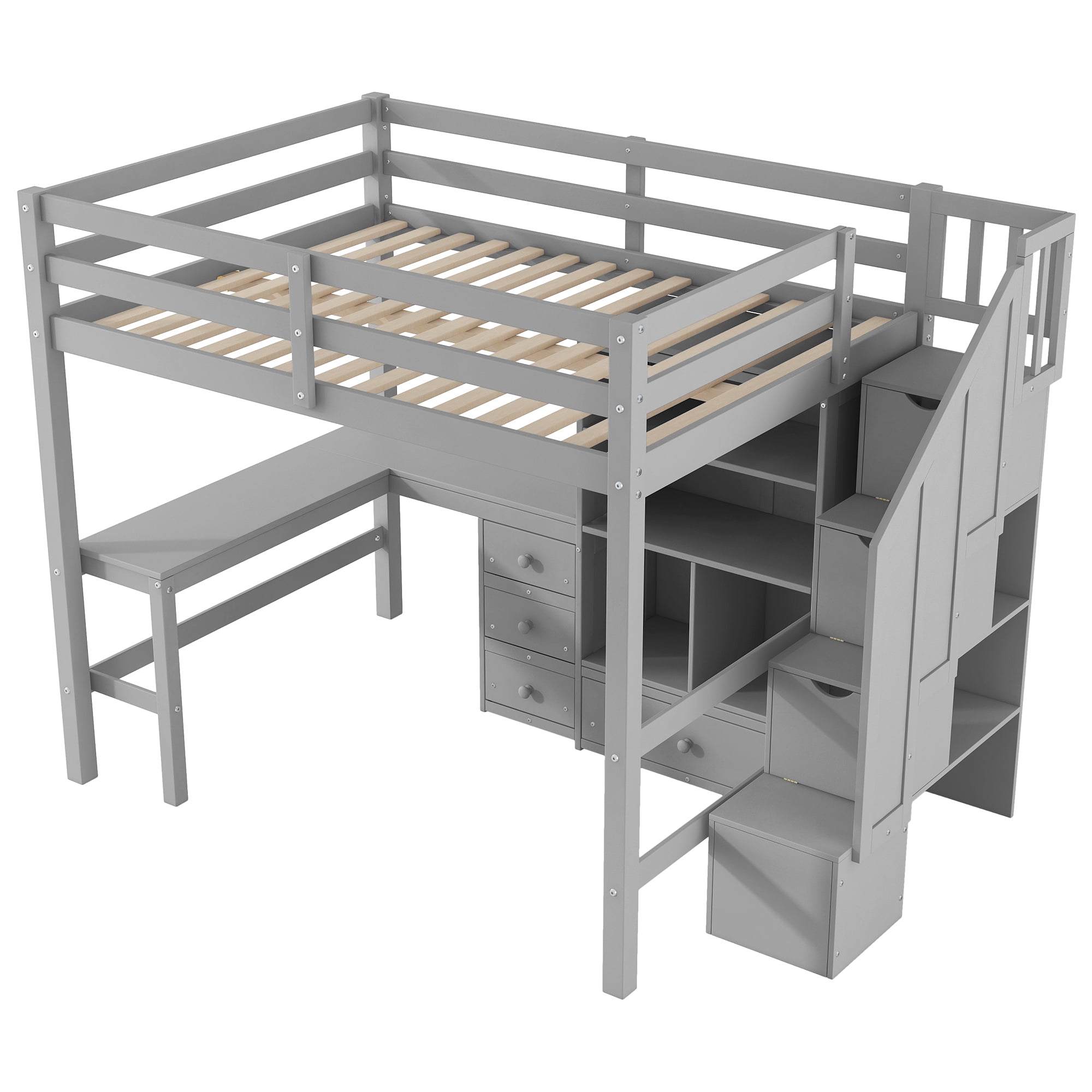 Euroco Full Size Pine Wood Loft Bed with Desk and Cabinets for Kids Teens Room, Storage Staircase Shelf, Gray
