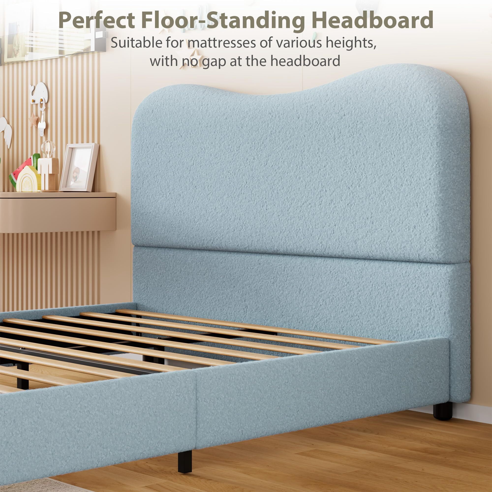 Jojoka Modern Full Bed Frame Upholstered in Soft Boucle Fabric, Sturdy Wooden Slats, No Gap Headboard, Easy Assembly, No Box Spring Needed, Blue
