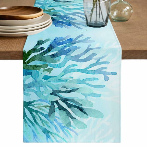Teal Blue Corals Table Runner, Summer Modern Coastal Ocean Sea Washable Cotton Linen Table Runners 72 Inches Long, Dresser Scarf Runner for Dining Tables/TV Stands/Coffee/Cabinets 18''x72''