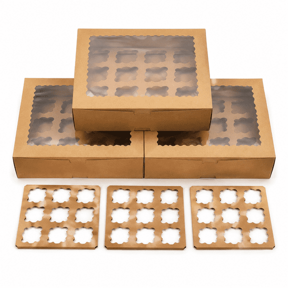 Cupcake Boxes Bulk with Clear Display Window Hold 12 Standard Cupcakes, Disposable Food Grade Brown Cupcake Carrier Cupcake Container, Perfect for Cupcakes Muffins Cookies Pastries