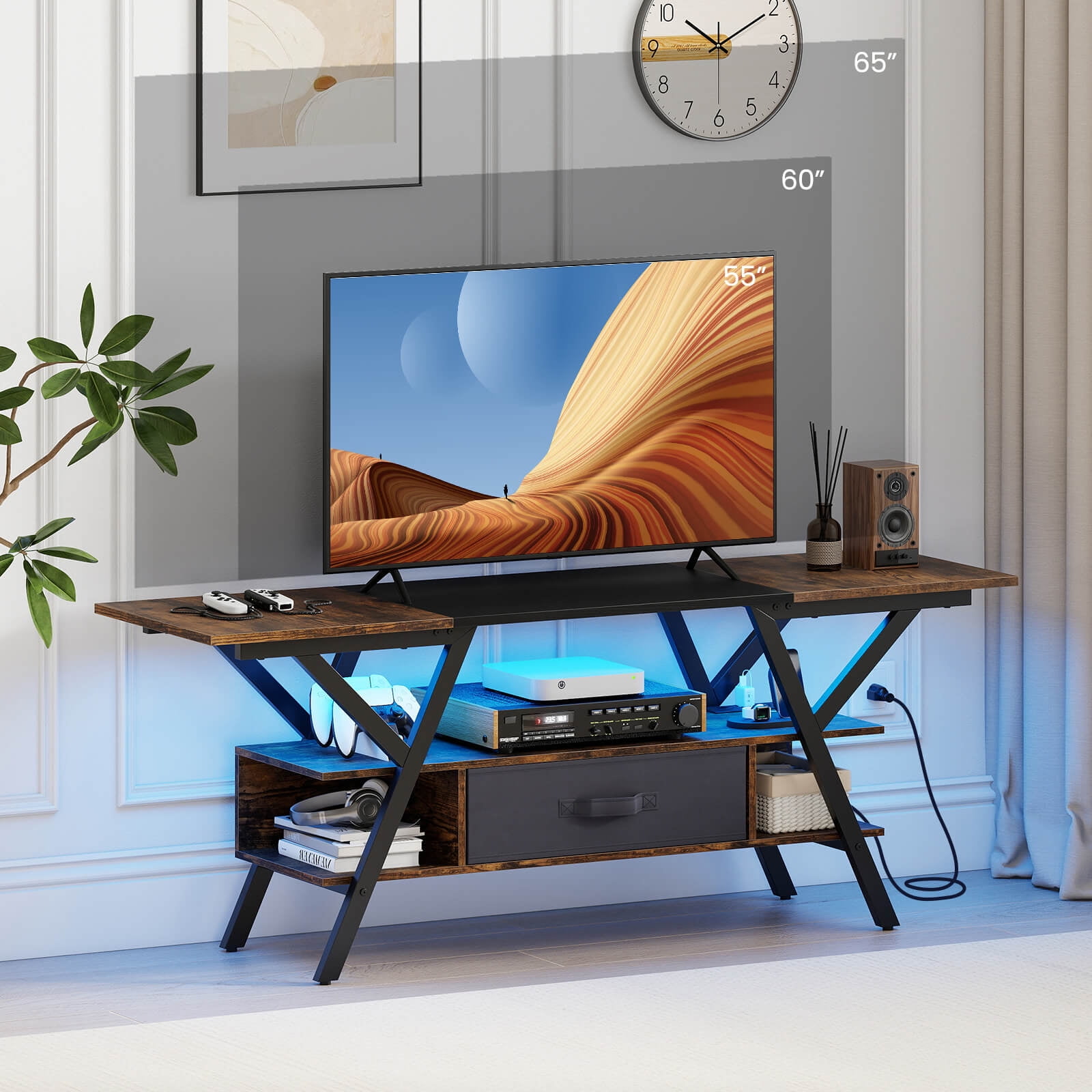 Costway 3-Tier TV Stand with Power Outlets for 65” TVs, LED Lights & Remote Storage Shelves Brown