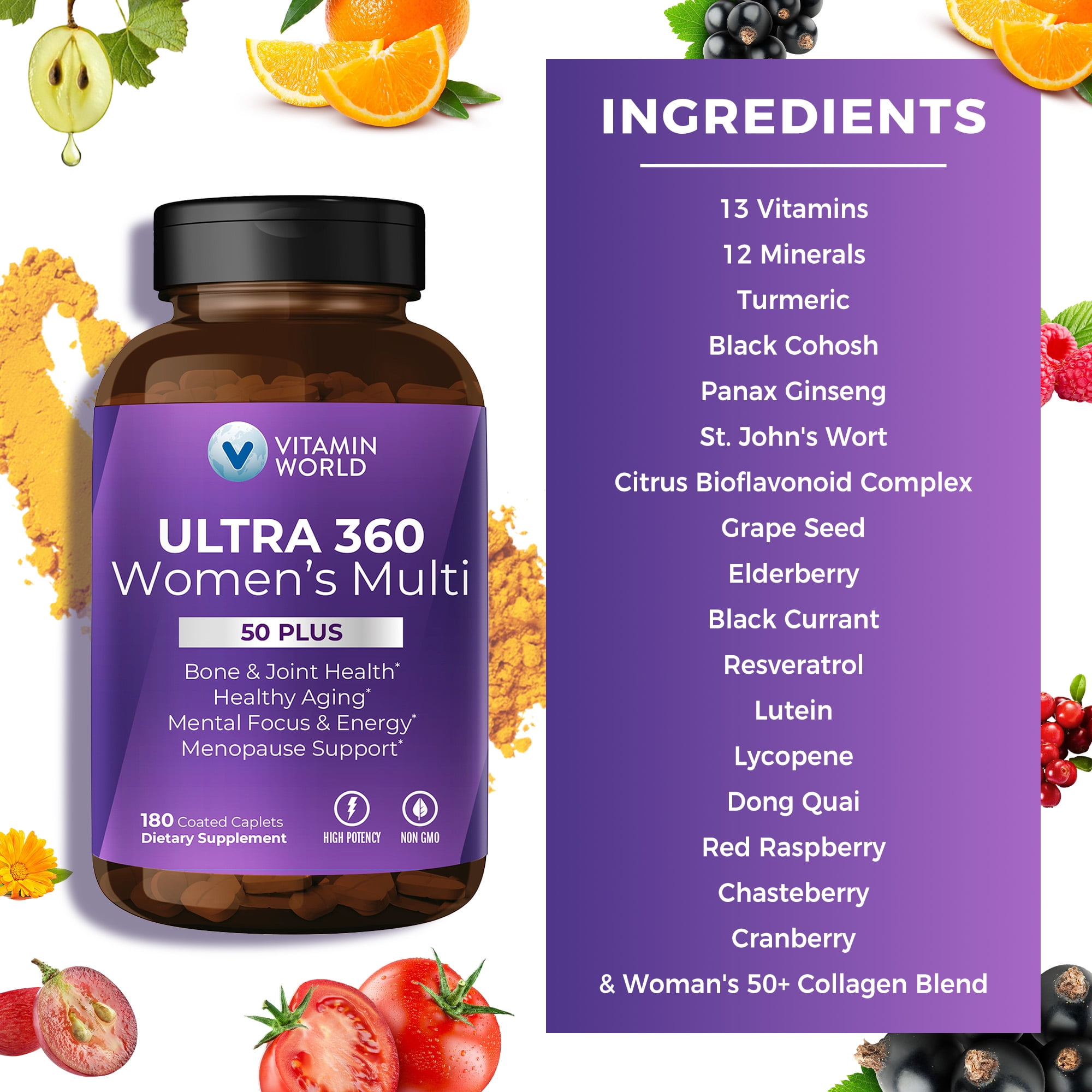 Vitamin World Ultra 360 Multivitamin for Women 50 Plus, Women's 50+ Multivitamin with Minerals & Herbs for Menopause Support, Supplement with Vitamin B, D, E & Zinc for Healthy Aging, 180 Caplets