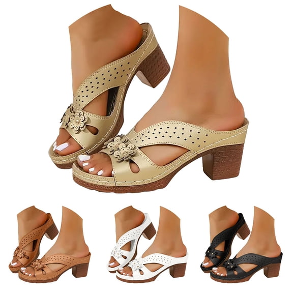Modisza Women Block Chunky Heels Open Toe Casual Platform Floral Slip on Walking Sandals Summer Outdoor Dress Shoes Black 6