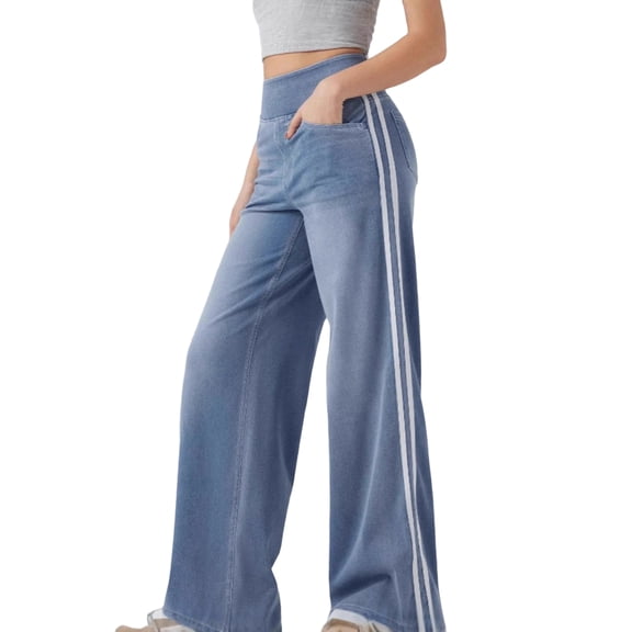 Baggy Jeans Striped Womens Stretchy Jeans Elastic Waist Track Pants | Denim Fabric, High Waisted, Bow, Pinstripe Patchwork, 4 Pockets, Stretch Pants for Girls, Cute Casual Outfits