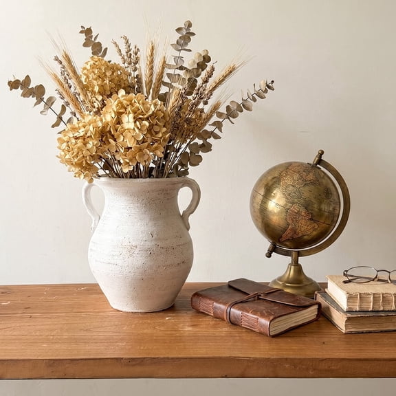 Distressed White Ceramic Vase with Handles, 7.9 Inch Rustic Farmhouse Flower Vase for Home Decor, Living Room, Kitchen, Table Centerpiece