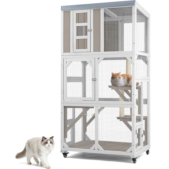 Petsblublu Outdoor Cat Enclosure with Wheels, Window Catio Large Cat House with 3 Platforms