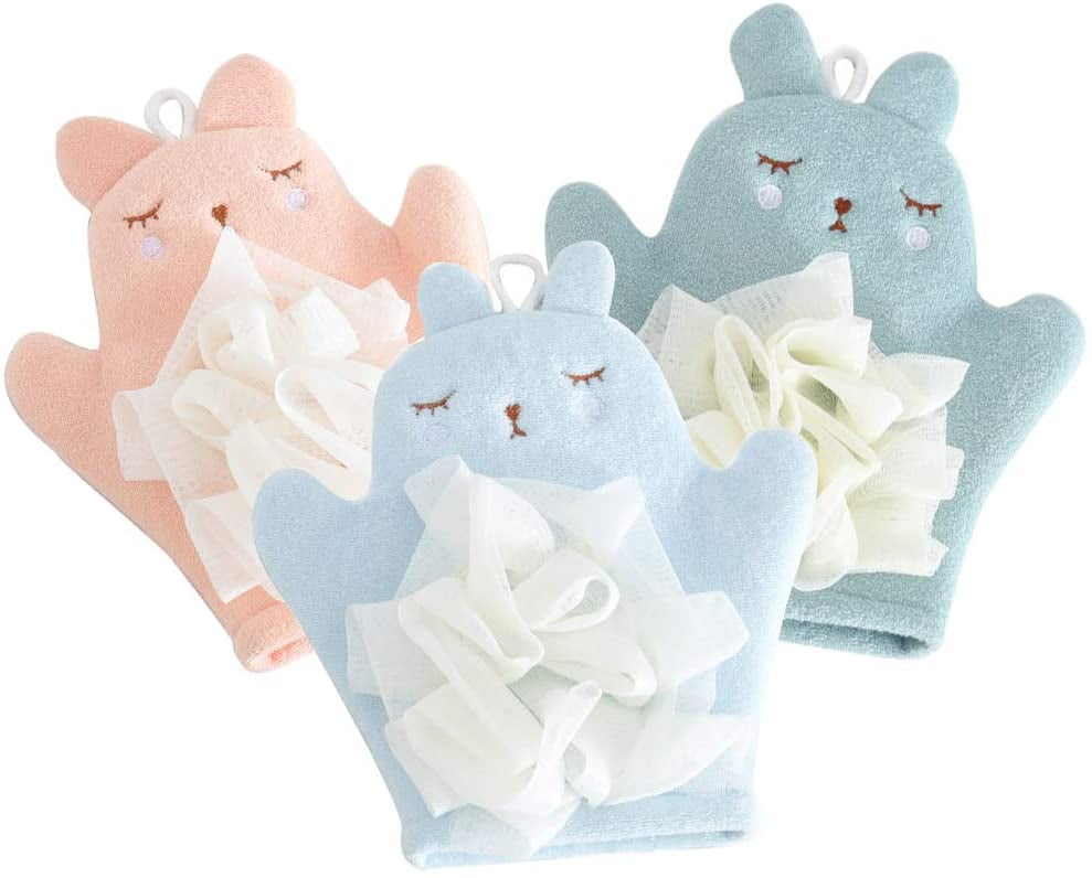 EXCEART 3Pcs Baby Bath Mitts Cute Animal Shower Bathing Mitt Cartoon Washcloths Bath Sponge Body Scrub for Toddler Bathing Gloves Kids Shower Supplies 