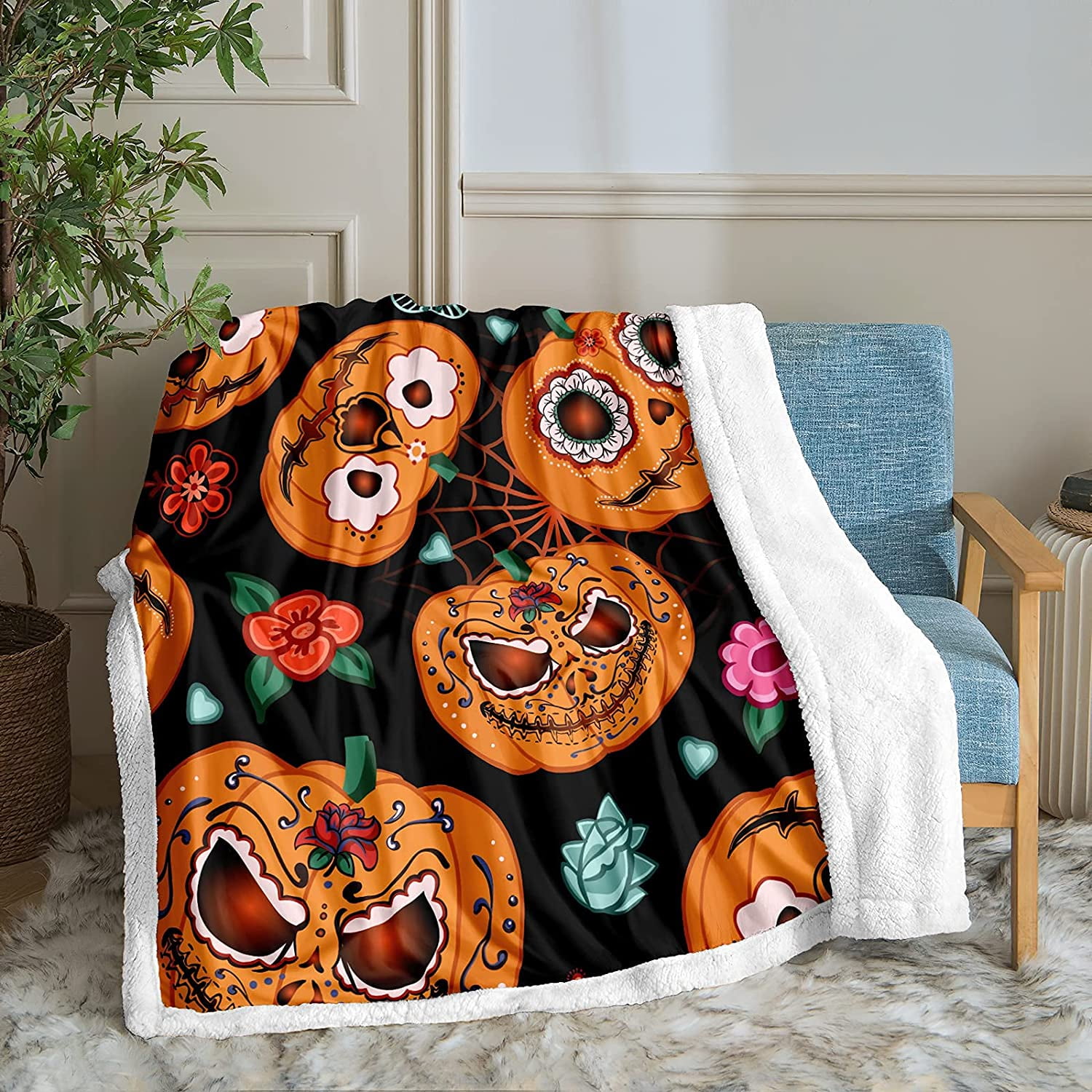 Premium Halloween Throw Blankets,Black Orange Buffalo Check Plaid Pumpkins Blankets for Couch Bed Sofa,Fuzzy Plush Fluffy Soft Fleece Blankets and Throws for Adults Kids,50X40 