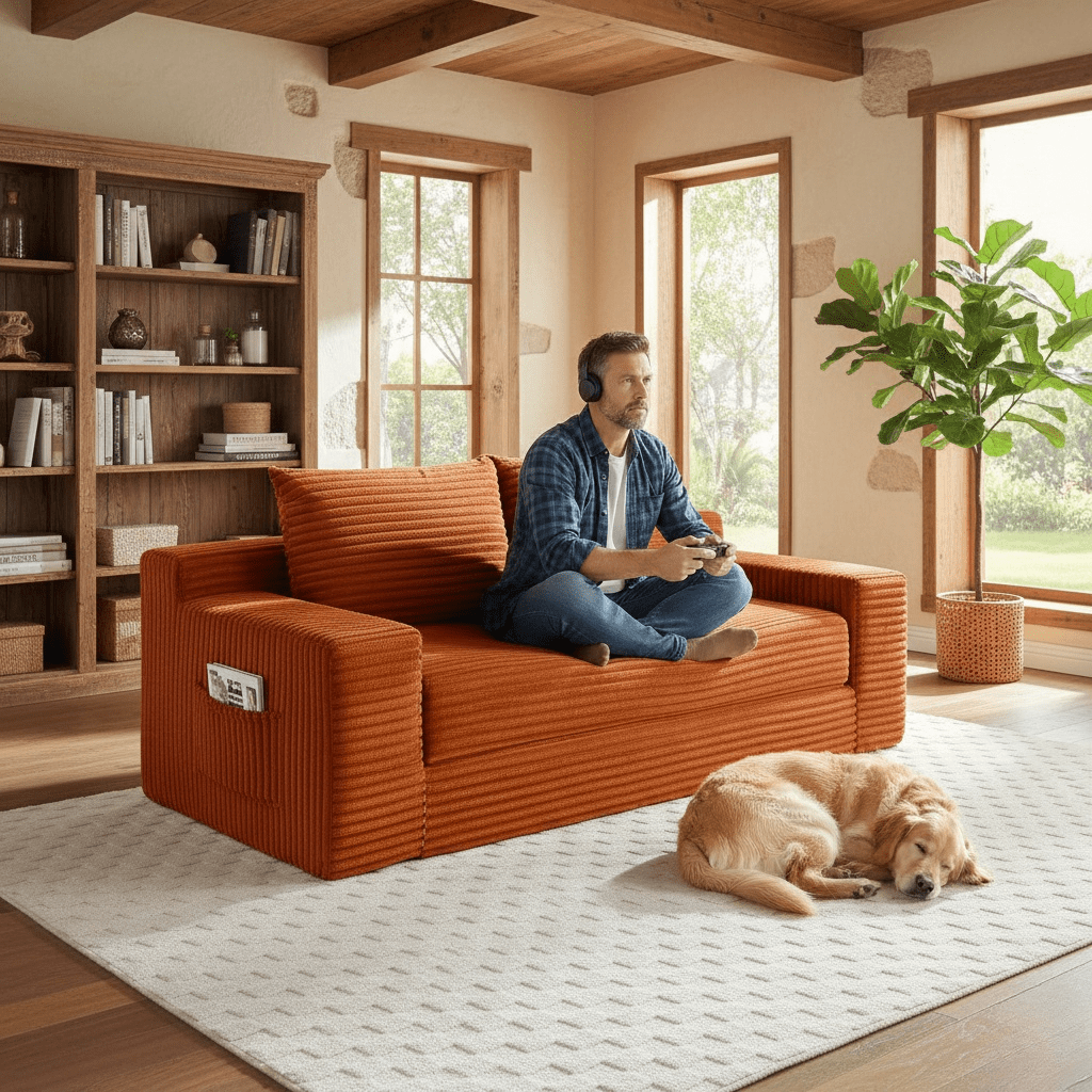 Howcool 73" Convertible Sofa Bed, Foldable Floor Couch, Boneless Foam Sleeper Sofa with Pull-Out Design, Corduroy Lazy Couch, No Assembly, Space Saving for Apartment Dorm Living Room, Orange