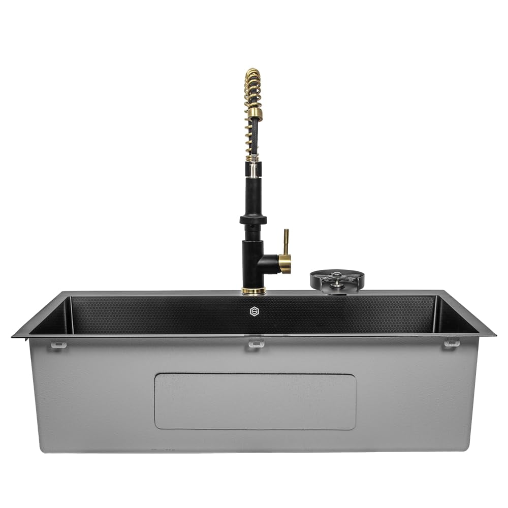 Strictly Sinks Dual Mount Workstation Kitchen Sink – 33 Inch 16 Gauge Embossed Hexagon Texture Kitchen Sink with Grid, 1 Strainer Drain, 1 Garbage Disposal Adapter & Clips (Black