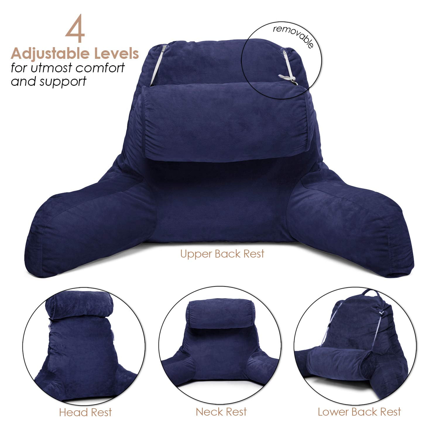Large Reading & TV Bed Rest Pillow +2 Neck & Lumbar Pillows, W/Pocket-Royal  Blue
