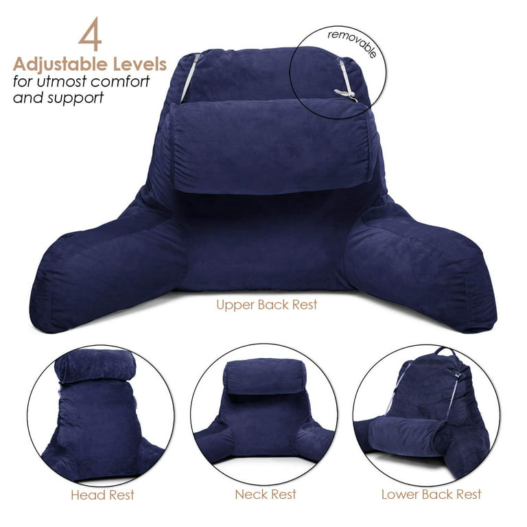 Clara Clark Backrest Reading Pillow, Back Support Pillow with Arms, Shredded Memory Foam Bed Rest Pillow, Medium, Navy Blue