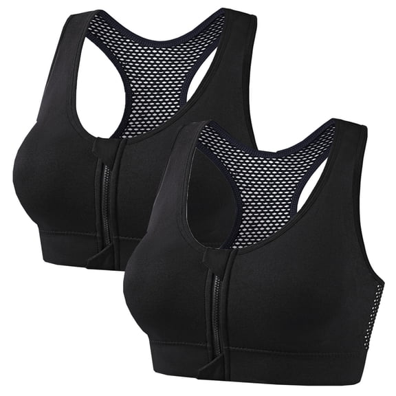 BaoFuBaoMei Front Zip Sports Bras for Women 2 PC Plus Size Wireless Bra Push up Mesh Racerback Sports Bra Gym Workout Bras