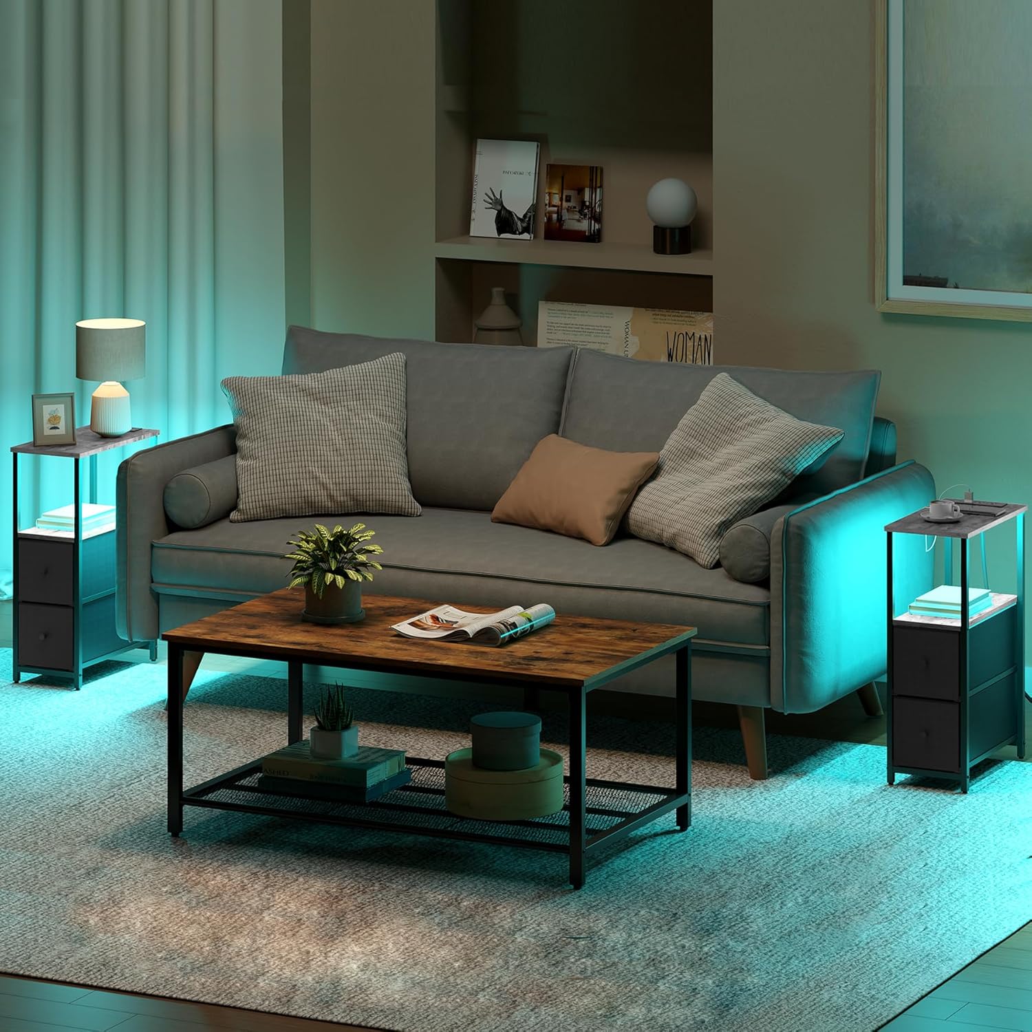 Small Narrow LED End Table with Charging Station, Side Table Outlets, Nightstand with 2 Cloth Drawers, Set of 2, Couch Table, for Living Room, Bedroom, Bedside, Greige