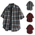thumbnail image 5 of Chiccall Mens Colorblock Shirts Summer Striped Short Sleeve Button Down Plaid Casual Blouse Tops Red L, 5 of 5
