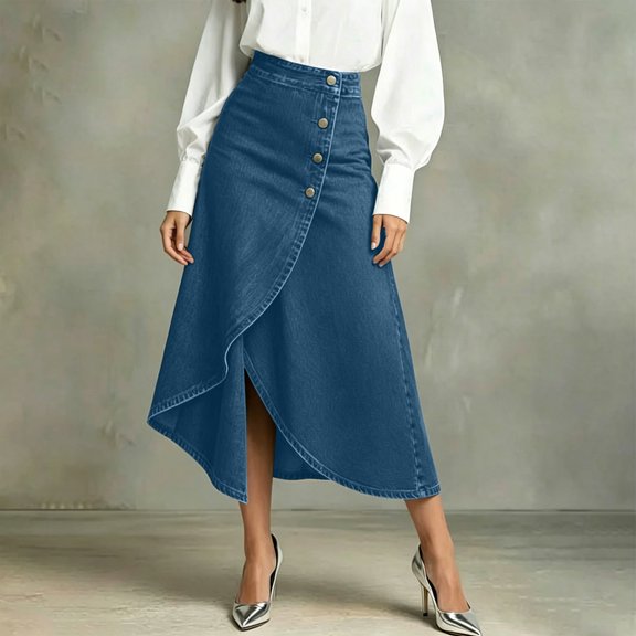Sokhug Denim Midi Skirt for Women High Waist Button Front Wrap Asymmetrical Hem A Line Casual Skirt