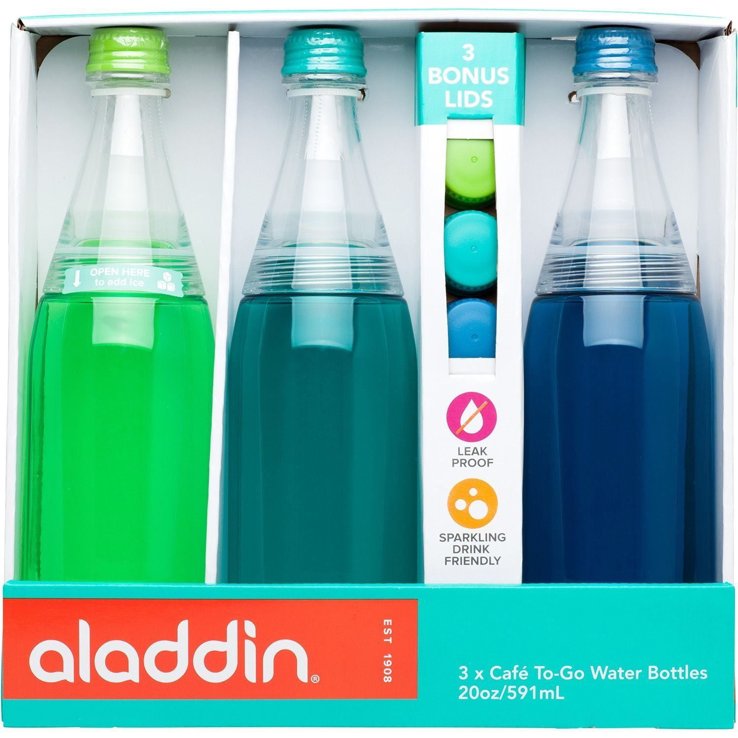 Aladdin 3pc Cafe To Go 20oz Leak Proof Water Bottles w/ 3 Bonus Lids New!!!  