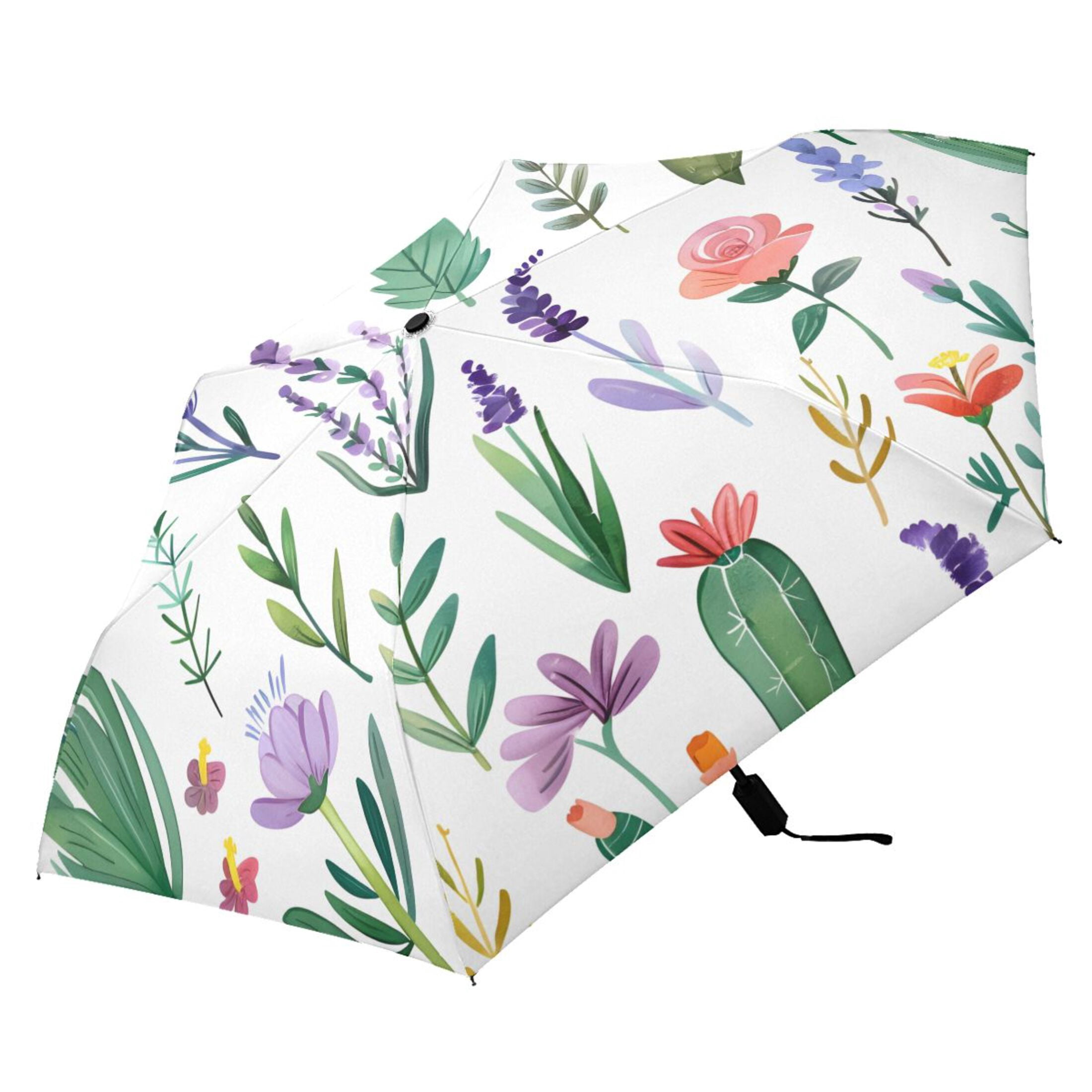 Lavender Leaves Cactus Compact Sun Umbrella Windproof Travel Umbrellas for Rain Strong Portable UV Protection