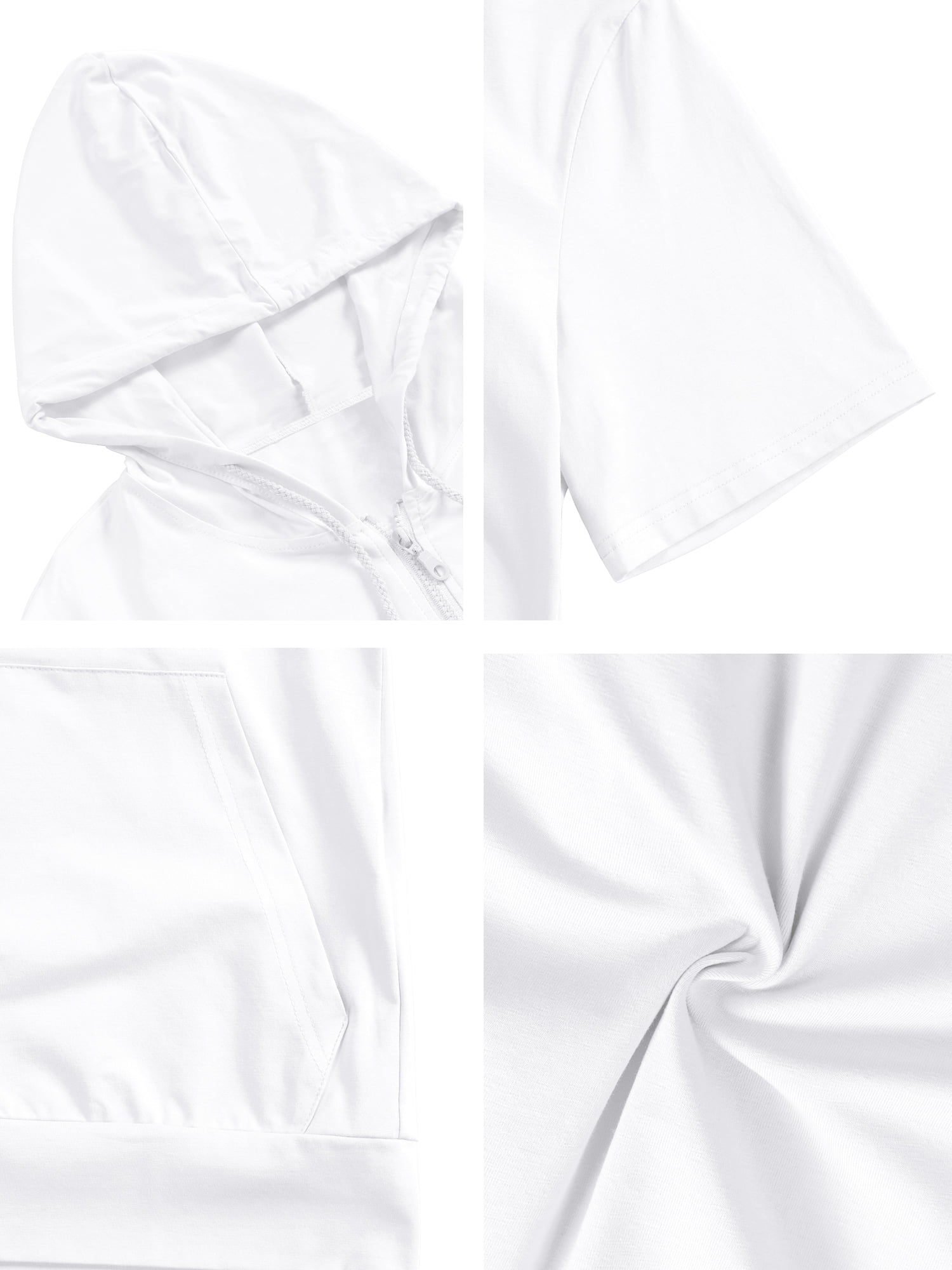 Unique Bargains Men's Short Sleeve Solid Color Zip Up Sport Hoodies L White