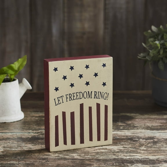 VHC Brands Patriotic Let Freedom Ring Wooden Block 8x6x1.25, Independence Day Decor, Stars and Stripes, Printed Tropical Wood Figurine, Rectangle Shape, Americana, Dark Creme