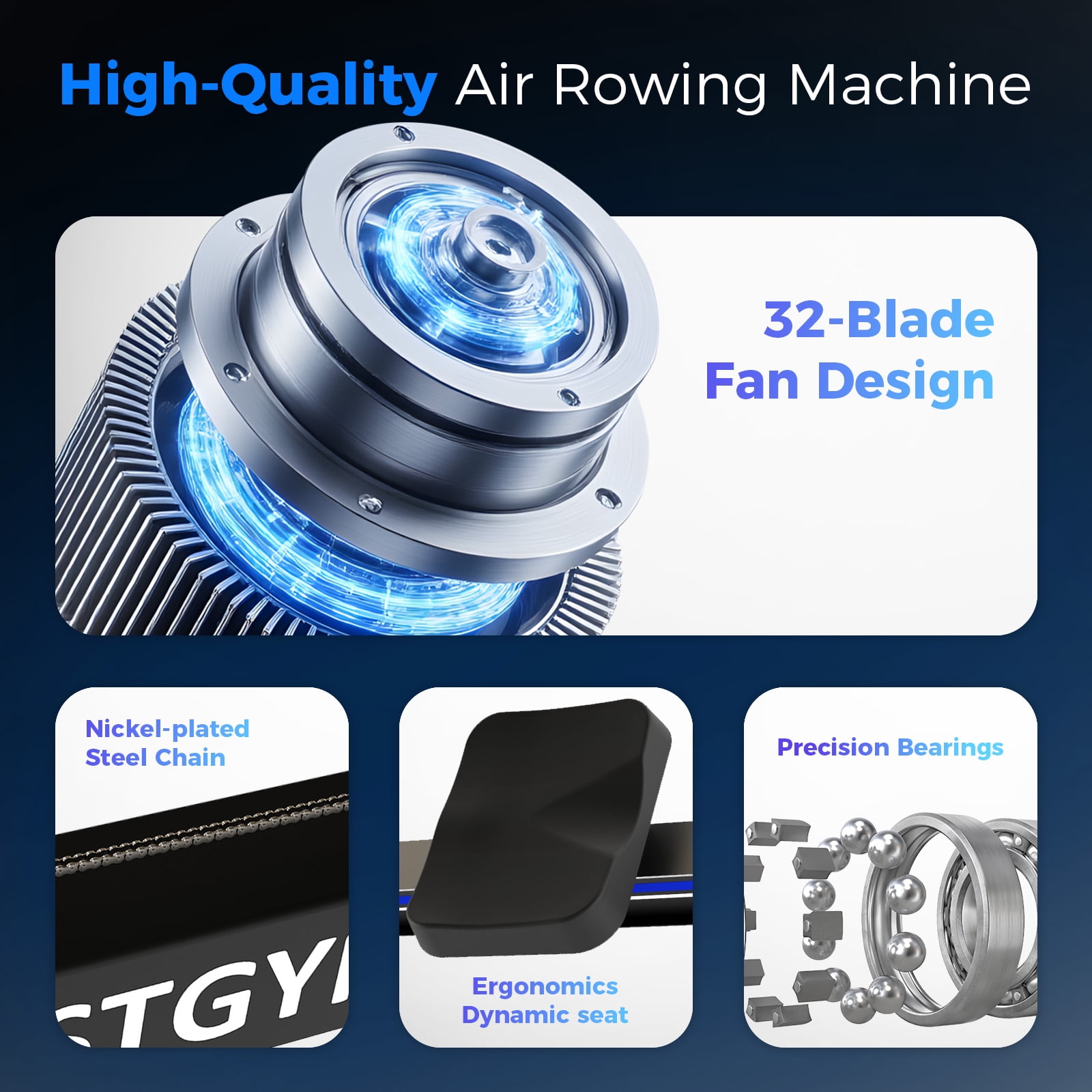 Rowing Machines for Home,  Adjustable Air Resistance Rower Machine with Extra Long Rail, Ergonomic Comfort Seat, Device Holder, Easy Storage