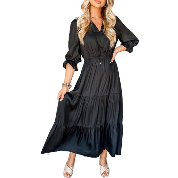 Women's Black Flounced Sleeve V Neck Maxi Dress – Elegant Tiered Design for Spring Outings | XL