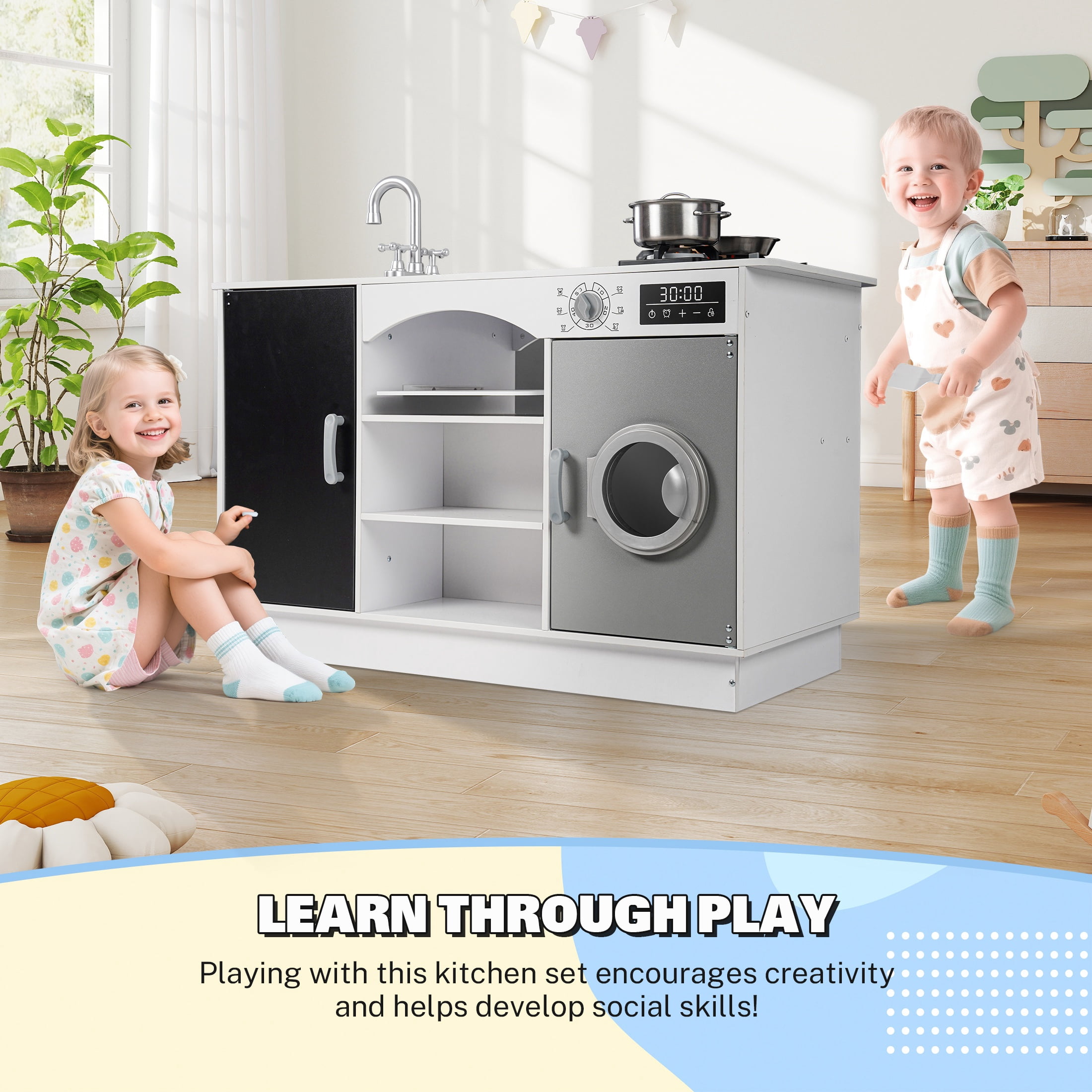 iYofe Play Kitchen Sets for Kids Ages 2+, Wood Kids Kitchen Playset for Toddlers with Real Lights & Sounds, Pretend Play Toys Kitchen with Cookware Accessories, White