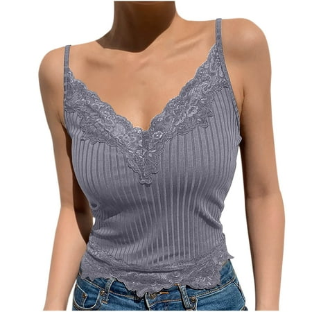 GA WEIHUA Women s V Neck Lace Trim Cami Top Sexy Y2k Going Out Tank Camisole Spaghetti Strap Undershirts Slim Street Style Lingerie Bralette Tops(Gray L)