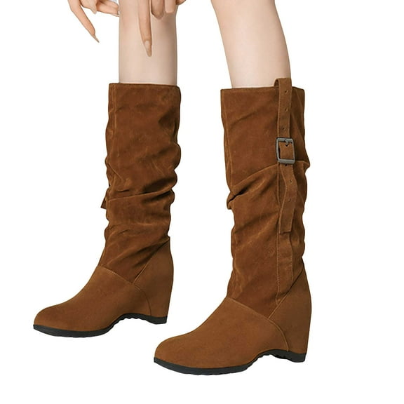 Slouch Wedge Mid Calf Dress Boots for Women 2025 Fashion Suede Round Toe Hidden High Heel Pull on Tall Boots