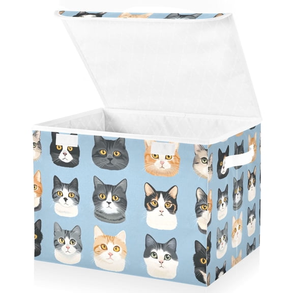 Yayeee Collapsible Cube Storage Bin with Lid Fabric Closet Decorative Basket with Handles, Cartoon Cute Cat