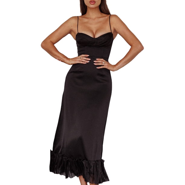 Vestido De Mujer Bodycon Correa Larga De Espagueti Color SóLido Volantes Dobladillo Vestido Con Cremallera En La Espalda
