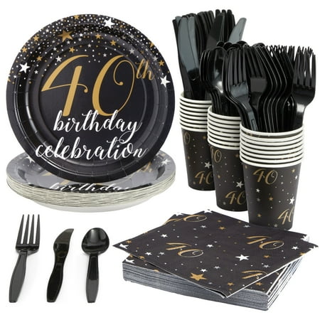 144 Piece 40th Birthday Party Supplies Set for Men Women Serves 24 Paper Plates and Napkins Cups Cutlery Black and Gold Disposable Set for 40 Birthday Decorations