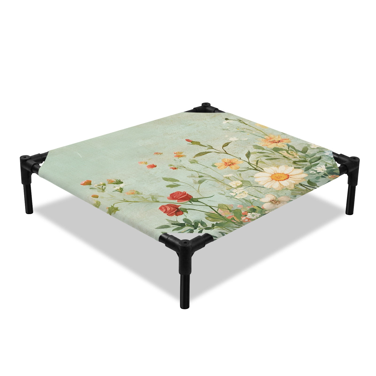 Spring Florals Elevated Dog Bed Vintage Oil Painting White Red Yellow Floral Leaf Green Cooling Breathable Outdoor Raised Dog Cot Bed with Metal Frame Non-Slip Feet for Small Dog 20x20in