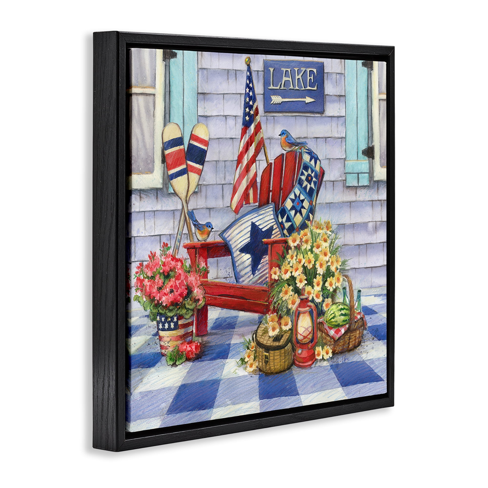 Stupell Industries Americana Porch View Patriotic Painting Black Floater Framed Canvas Art Print Wall Art, 25 x 25