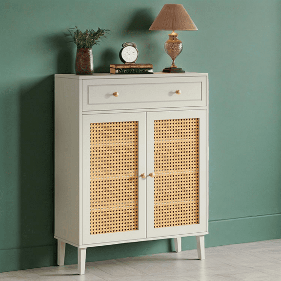 Mint Green Shoe Storage Cabinet with Adjustable Shelves & Drawer - Rattan Panels, Golden Handles, Sturdy Legs with Foot Pads for Entryway, Living Room, Hallway