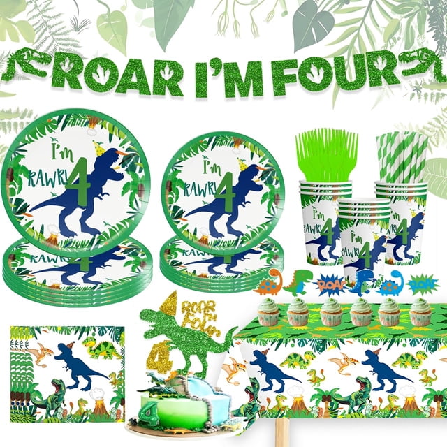 Juego de vajilla de fiesta con diseño de dinosaurio para niños que cumplen 4 años, 25 unidades