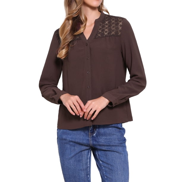 CAMISAS DE LENCERÍA CHIC INSPIRE PARA MUJERES, CAMISAS DE BOTONES DE MANGA LARGA, BLUSAS CASUAL TENDENCIA L CAFÉ
