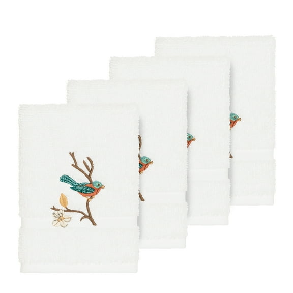 Authentic Hotel and Spa Turkish Cotton Blue Bird Embroidered White 4-piece Washcloth Set