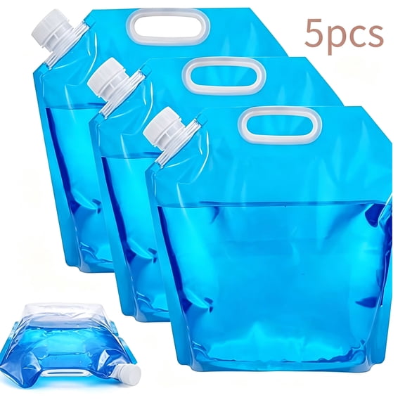 OFEFE 5-Pack Collapsible Water Tank Container Bags - 5 Liter BPA Free Outdoor Folding Water Storage Bags for Camping, Hiking, Emergency Preparedness, Cooler Ice Packs